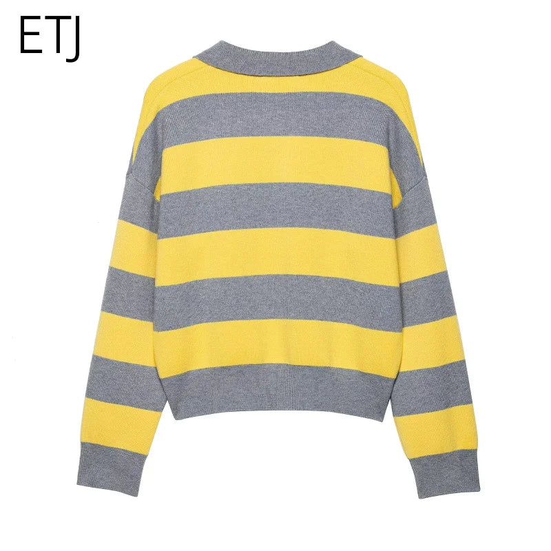 ETJ 2025 Autumn women's new line street style fashion yellow wide stripe polo neck loose version of long-sleeved sweater