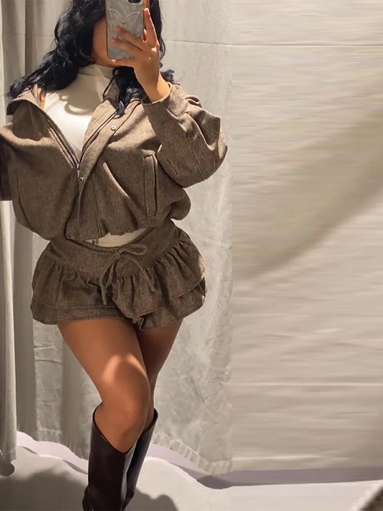 Women's Brown Skirt Jacket Set Stand Collar Bomber Jacket Coat Matching Ruffled Skirts Vintage Casual Outfit Autumn Streetwear