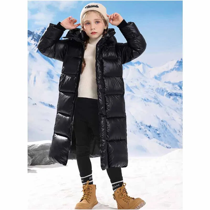 New Children's Long Thickened Down Cotton Jacket Winter Boys Solid Colour Warm Hooded Jacket Girls Casual Cold Outerwear 5-14Y