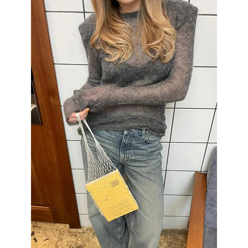 Solid Round Neck Thin Knitted Sweater For Women Fashion Commuting Long Sleeve Pullover 2025 Autumn New Female High Street Jumper