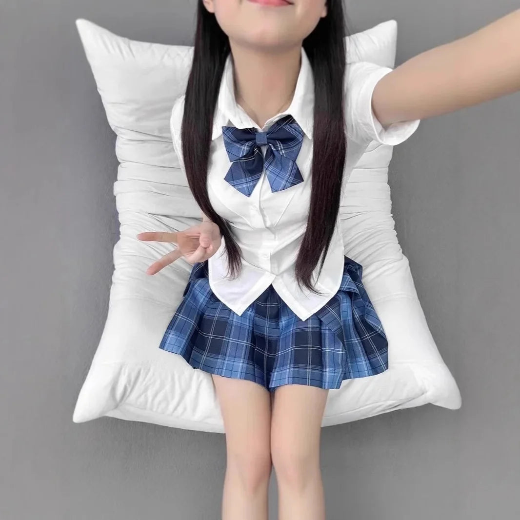 Original JK Uniform Shirt And Skirt Set with Waist-Cinching Short Sleeve Polka Dot Design for College Students Summer Fashion