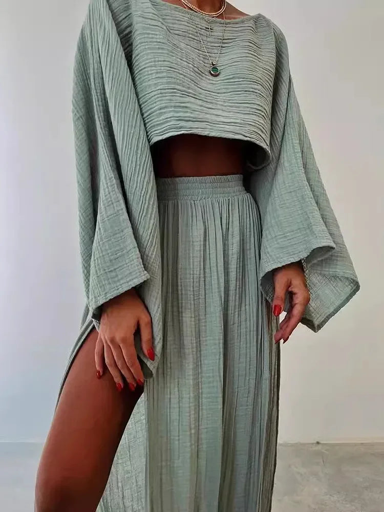 2 Pcs/Set Women Crop Top Skirt Sets Long Sleeve Top High Waist Split Skirts Suit Beach Bikini Coverup Lady Elegant Party Outfit