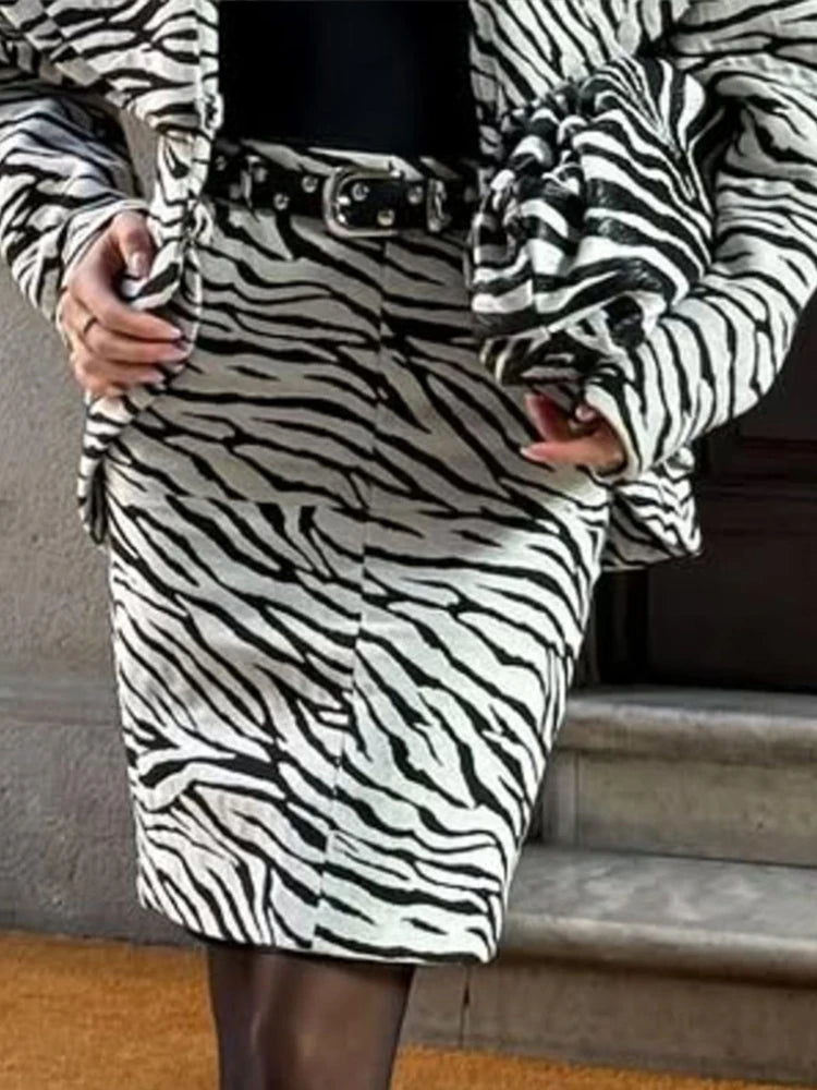 Fashion Zebra Printing Women's Jacket Skirts Suit V-Neck Waist-Closed Lady Sets 2025 Autumn Winter Elegant 2 Pieces Set Womem