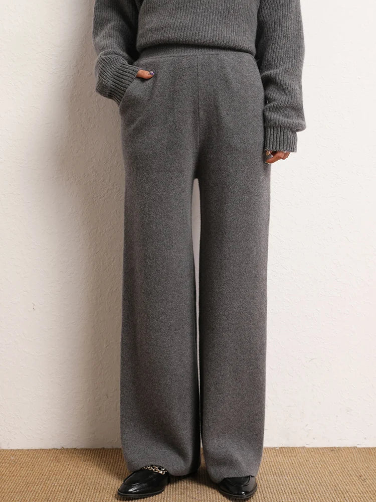 New Chic Women's 100% Cashmere Pants Autumn Winter Wide Leg Pants Simple Style Office Lady Cashmere knitted Trousers Thick Pants