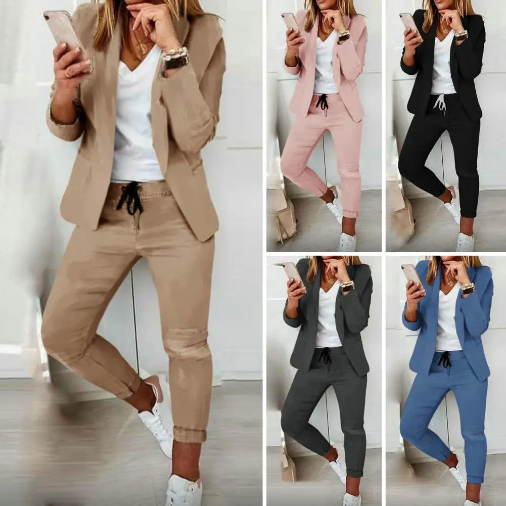 Women Coat Pants Set Elegant Women's Business Suit Set with Long Sleeves Slim Fit Pants Solid Color Drawstring for Ladies