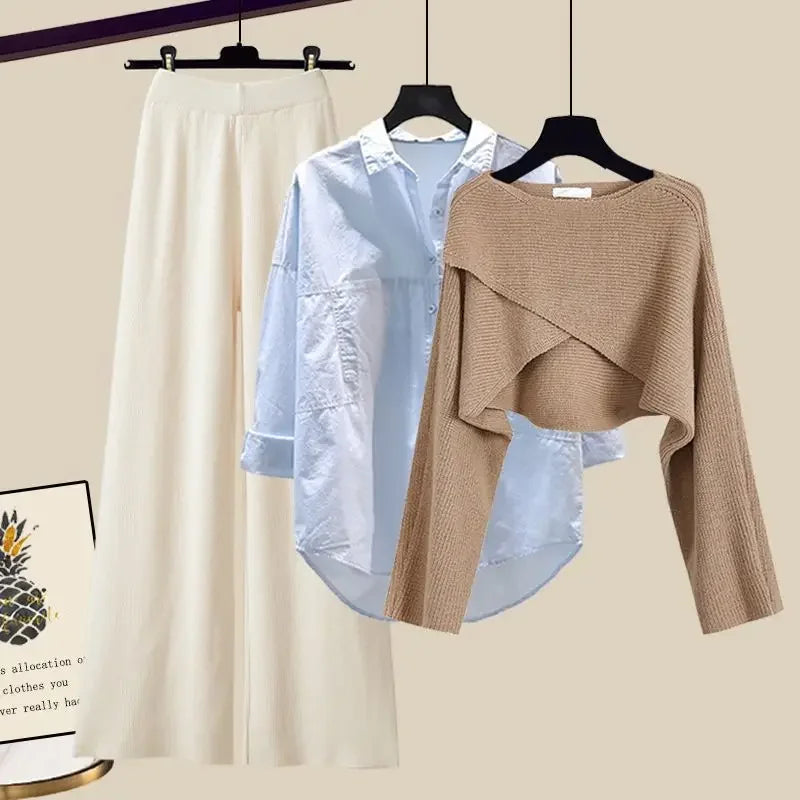 Autumn Knitted Sweater Wide Leg Pants Three Piece Set Plus Size Women's Fashion Slimming Shirt Dress Combo Female Wardrobe