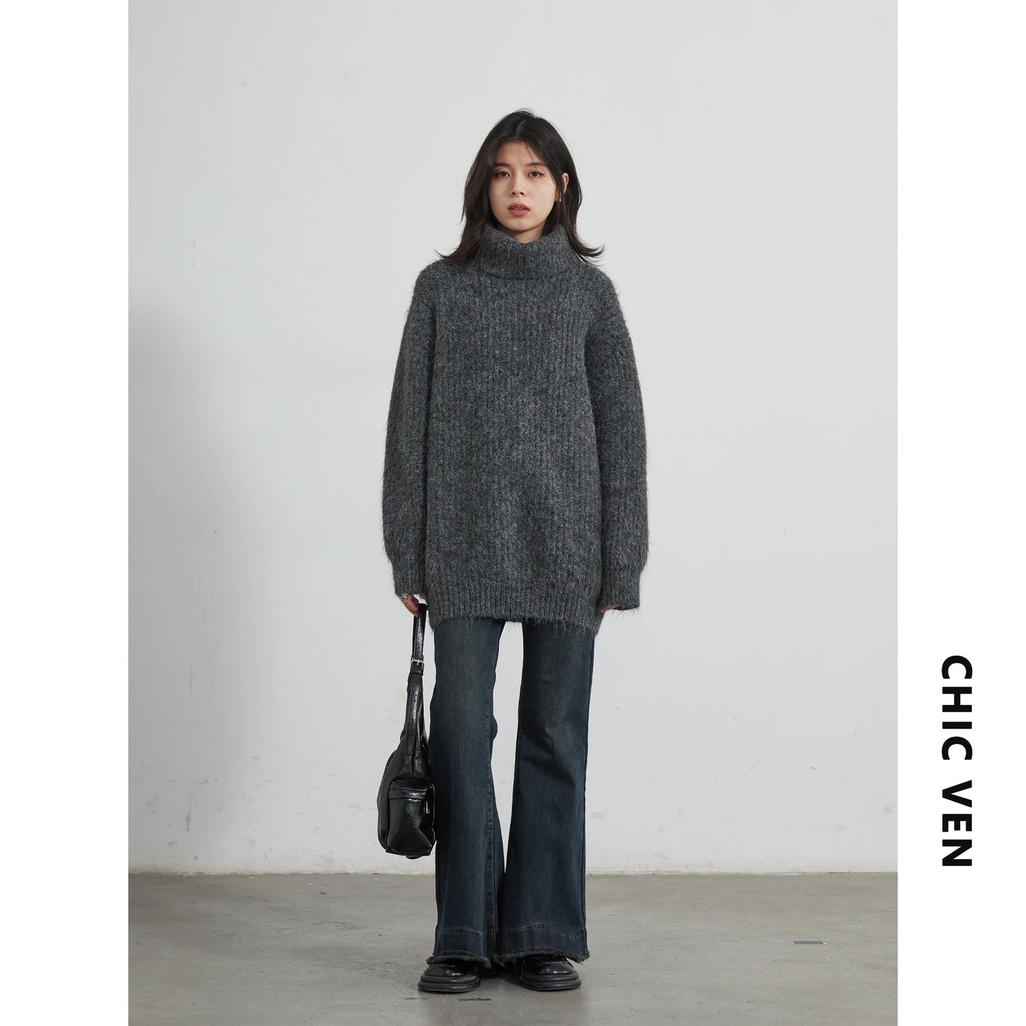 CHIC VEN Women Turtleneck Sweaters Solid Loose Casual Pullovers Bottom Thick Warm Female Jumpers Knitwear Autumn Winter 2025