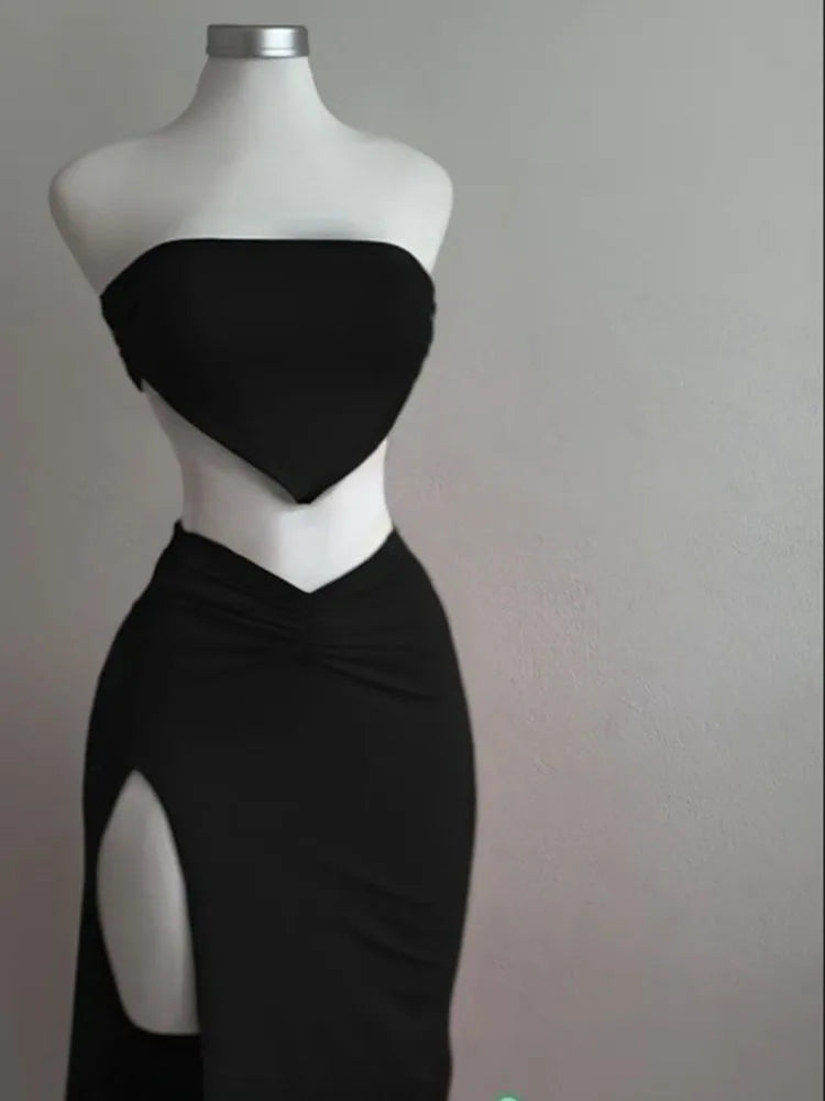 Strapless Backless Crop Top High Waist Skirt 2 Piece Set Women Summer Sexy Slim Fit Split Midi Dress Tube Suits Party Club Sets