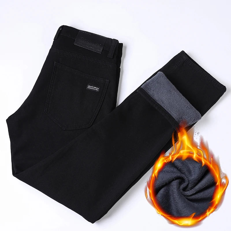 Fleece Jeans Winter Men Black Straight Stretch Denim Thick Velvet Pants Warm Jeans Casual Fleece Line Trousers Male Plus Size