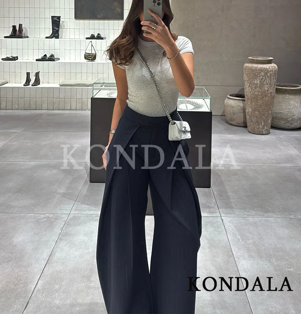 KONDALA Commute High Street Wide-Leg Pants Women's Elegant Vertical Pleated Trousers 2025 Spring Fall Fashion Office Lady Pants