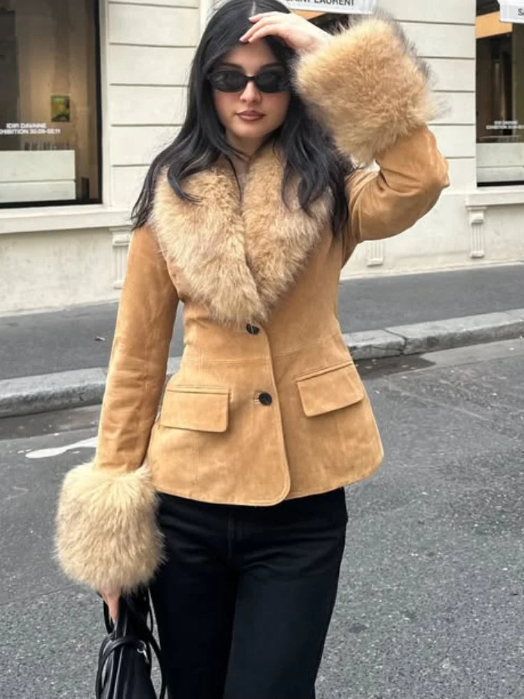 Fashion Faux Fur Suede Patchwork Sleeve Lapel Jacket For Women 2026 Elegant Single Breasted Coat High Street Lady Chic Outerwear