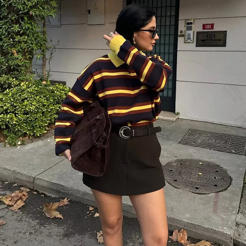 Autumn Women's Sweater Knit Tops 2025 New Fashion British Striped Young Women's Sweater Chic Street Student Pullover Sweaters