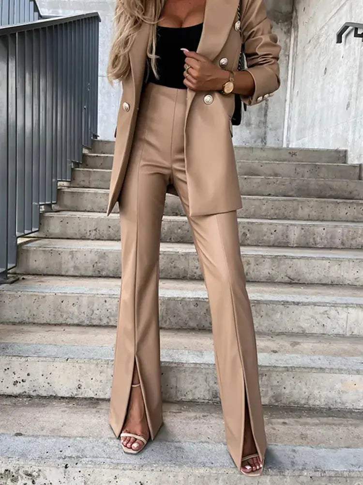 PU Leather Slim Straight Pants For Women High Waist With Pockets Chic Workwear Trousers