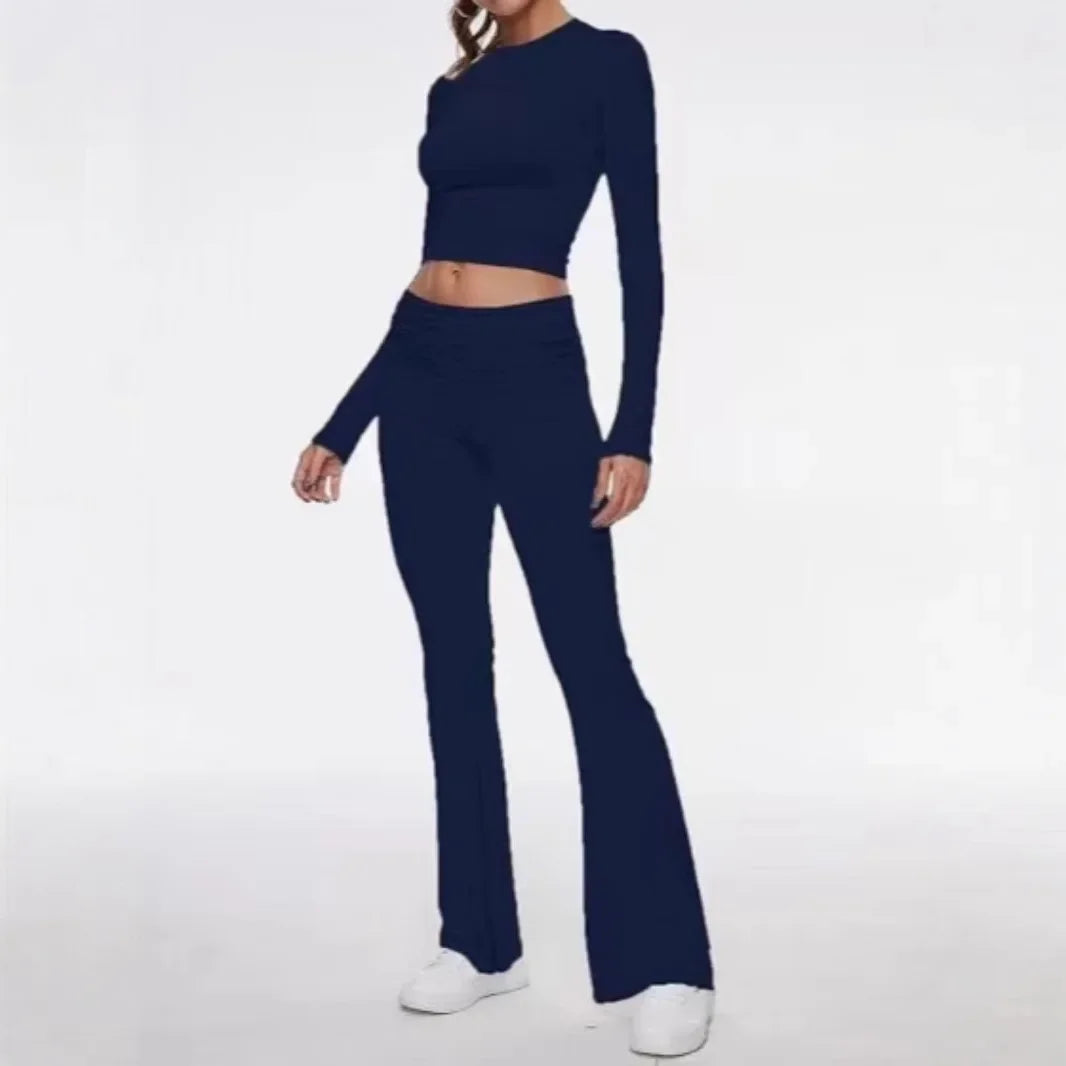 High-End Women's Long Sleeve Top And Flared Pants Set Fashionable And Stylish Polyester Fiber from Mainland China
