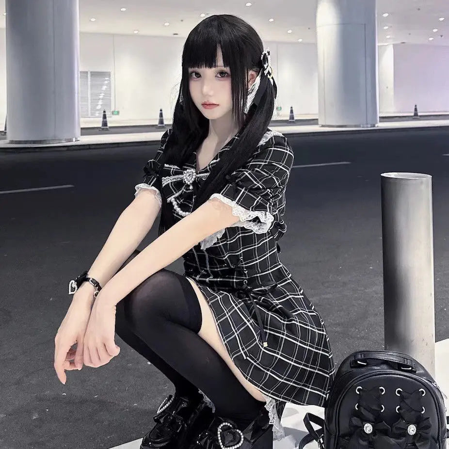 Japanese Style Lolita Sweet Dress Set 2025 New Vintage Plaid Cute Bow Short Sleeved Tops Jk Casual Y2k Shorts Girls Kawaii Set