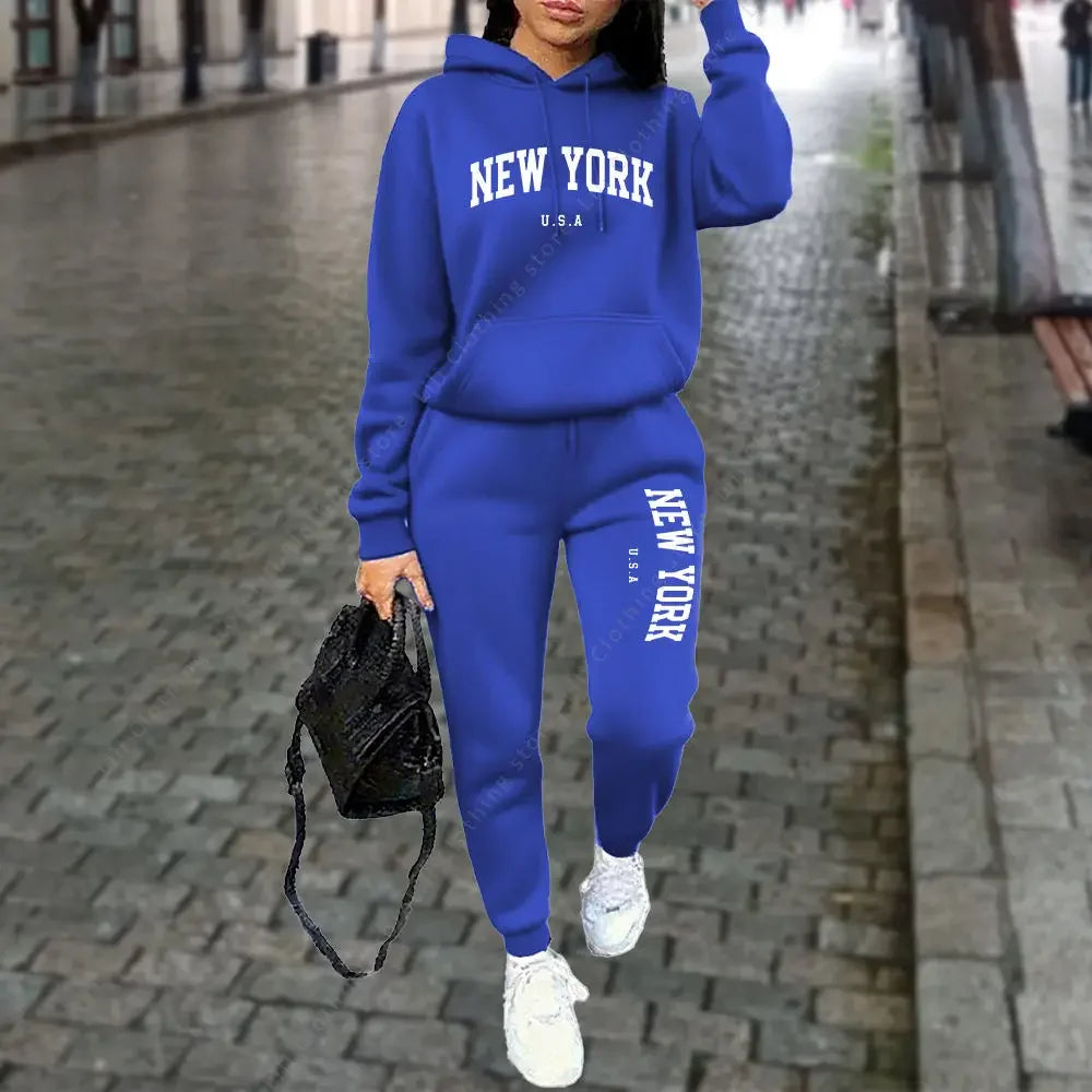 New Women's Hooded Sports Pants 2-Piece Set Winter Spring Style Casual Running Street Wear High Quality Sportswear Tracksuit