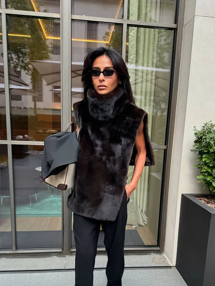 Fashion Faux Fur Vests For Women Elegant Solid Fluffy High Neck Waistcoat Female Street 2026 Spring Autumn Sleeveless Tank Tops