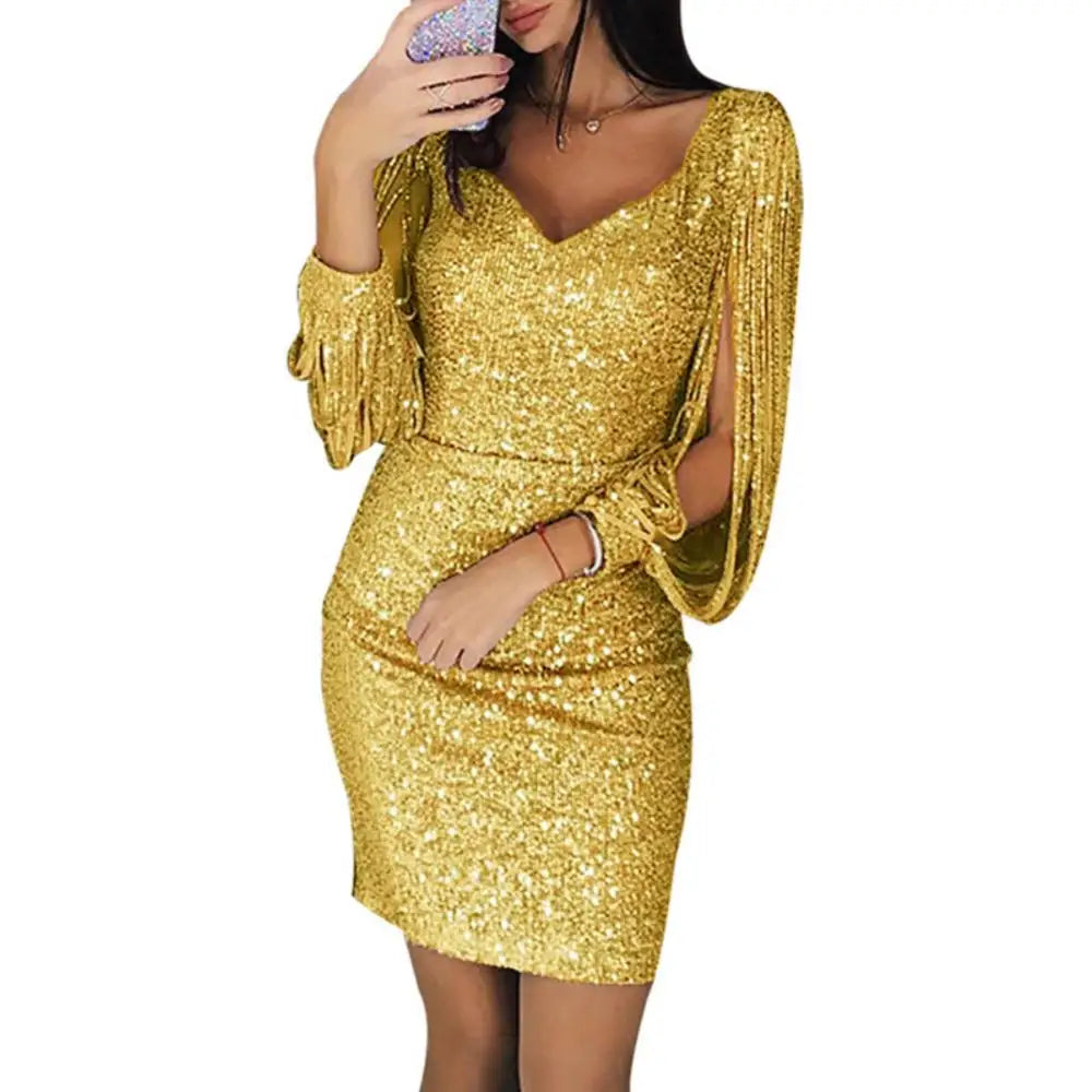 Women Mini Dress Glitter V Neck Hollow Out Tassel Long Sleeve Bodycon Gown Sexy Hip High Waist Dress Women Elegant Party dress