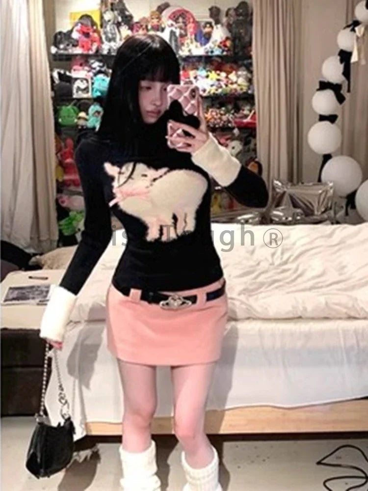 Winter Vingate New 2 Piece Set Women Patchwork Elegant Y2k Knitted Skirt Suit Female Korean Fashion Design Casual Belt Set 2025