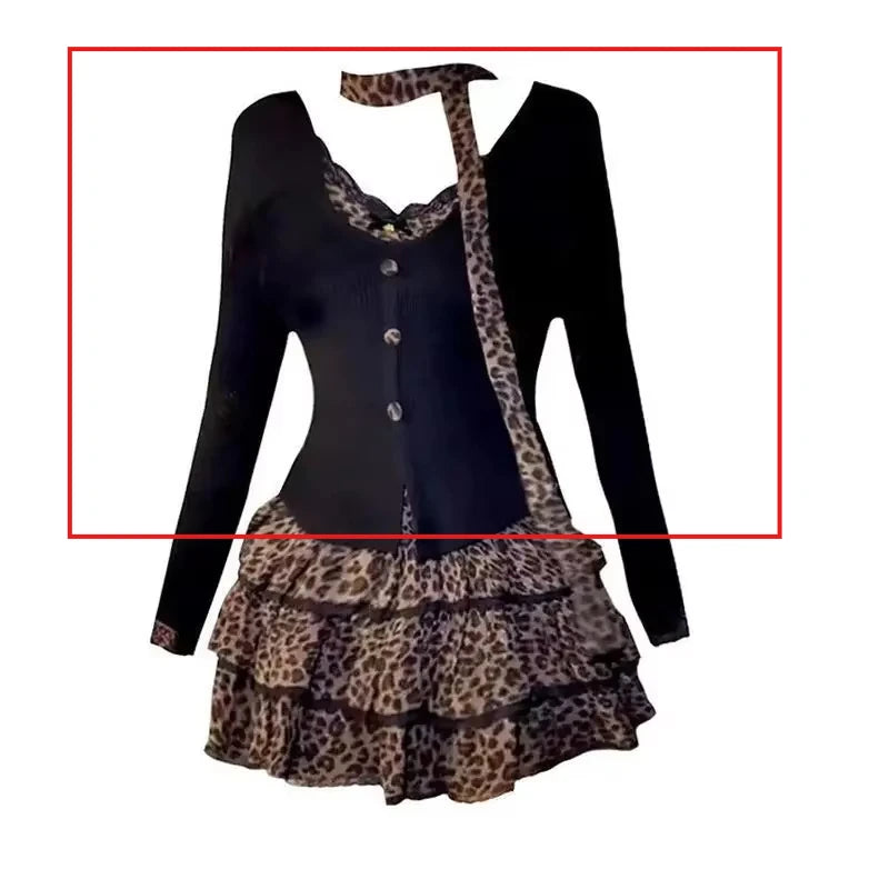Y2k Sexy Retro Punk Set Women New Suit Scarf Long Sleeve Top High Waist Slimming Cake Skirts Two-piece Set