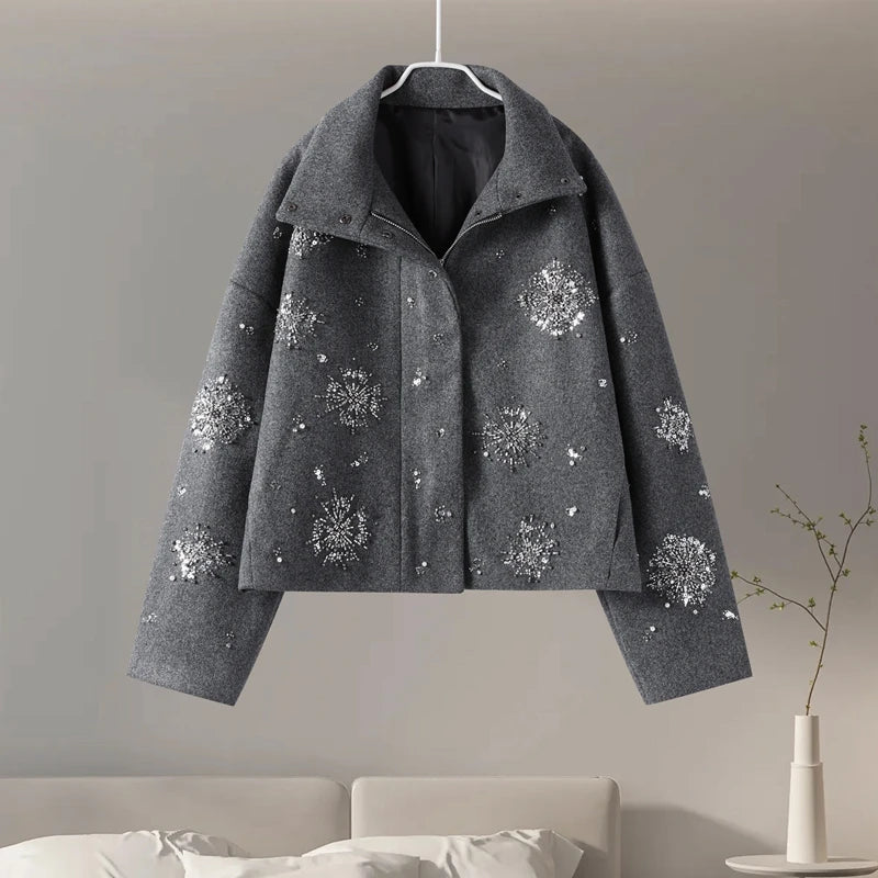 Casual Embroidery Beading Loose Women Coat Lapel Collar Bat Sleeve Solid Wool Blend Jacket 2025 New Lady Luxury Spring Outerwear