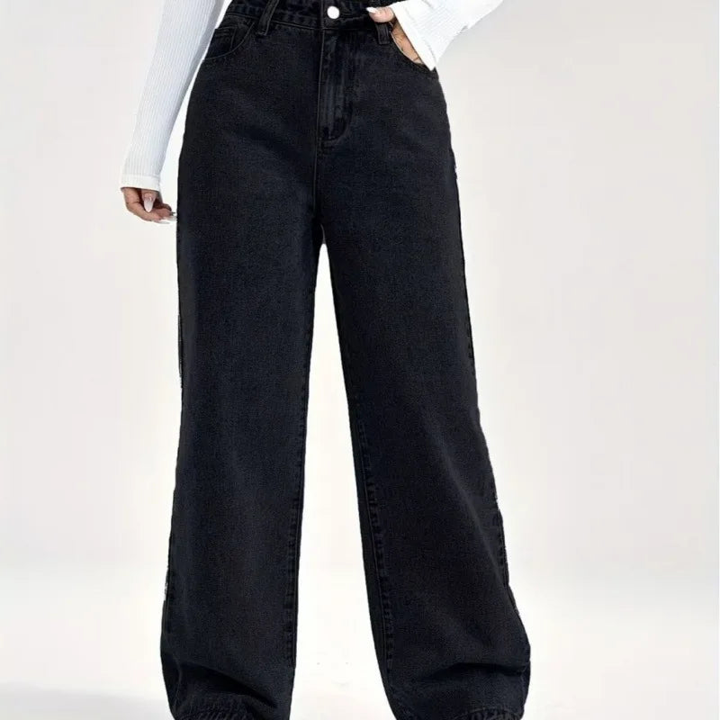 High Waist Wide Leg Jeans Women's plus Size Straight Leg Fashionable Commuter Simple Design High Quality Cotton Denim Pants