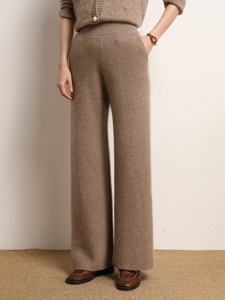 New Chic Women's 100% Cashmere Pants Autumn Winter Wide Leg Pants Simple Style Office Lady Cashmere knitted Trousers Thick Pants