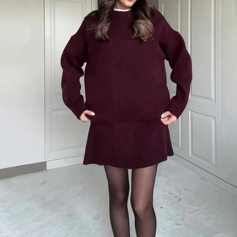 Winter Autumn Chic Knitted Two Piece Set Women Fashion Preppy Style O Neck Loose Sweater A Line Mini Skirt Sets Female Outfits