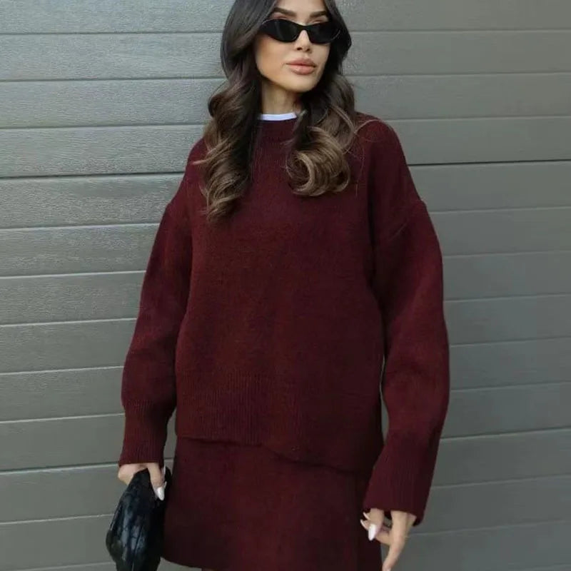 Preppy Style Knitted Two Piece Set Women 2025 Winter Autumn O Neck Loose Sweater Pullover A Line Skirt Streetwear Chic Outfits