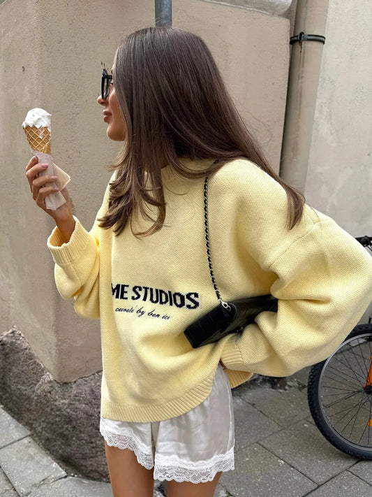 Butter Yellow Letters Knitted Sweater For Women Casual O-Neck Long Sleeve Pullover Tops 2025 Winter Daily Street Loose Sweaters