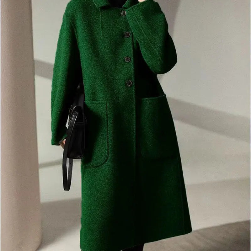Solid Button Pockets POLO Collar Long Sleeve Outerwear Elegant Fashion Harajuku Female Clothes Loose Casual All Match Overcoat