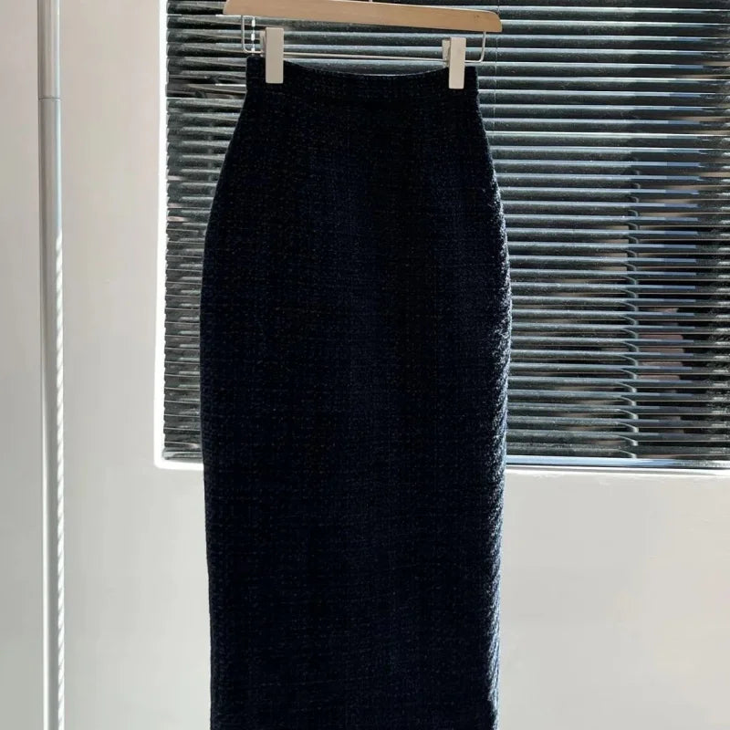 BESTBAFU Autumn Fashion Tweed Set 2-Piece Elegant Office Formal Suit Women Notch Collar Double Breasted Jacket+Midi Skirt 105F