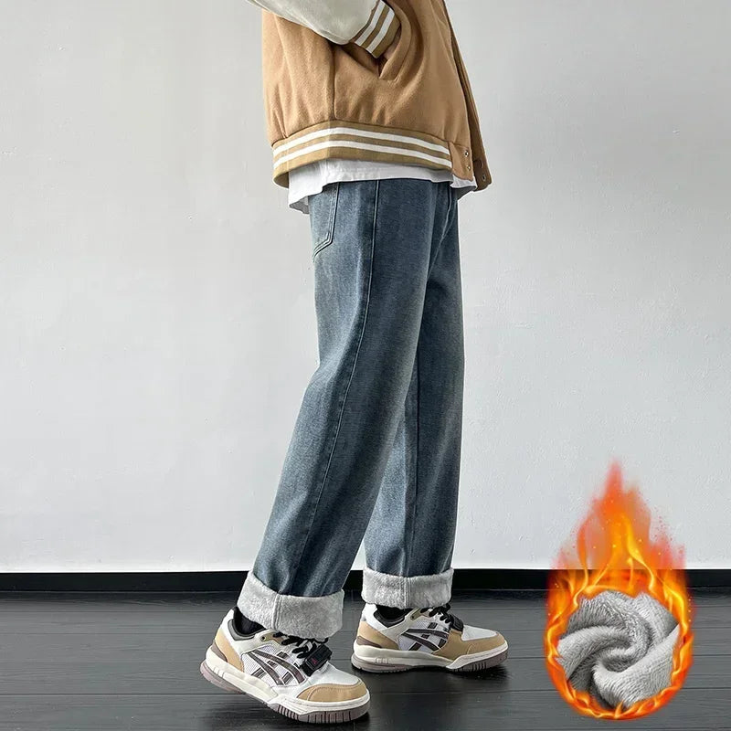 4 Colors Winter Fleece Men's Jeans Baggy Straight Elastic Waist Denim Pants Fashion Korean Thickened Warm Male Thermal Trousers