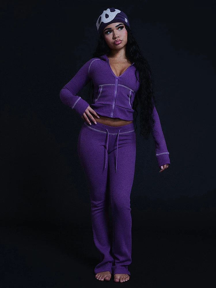 Weird Puss Hooded Tracksuits 2-Piece Set Women Zip Pocket Jacket+Drawstring Flare Pants Casual Sporty Simple Stretch Slim Outfit