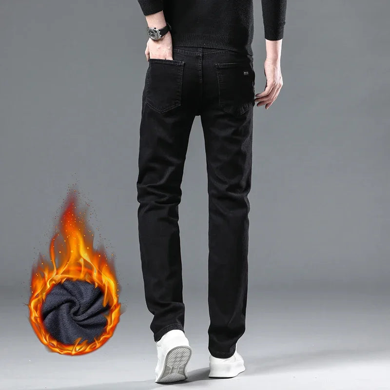 Fleece Jeans Winter Men Black Straight Stretch Denim Thick Velvet Pants Warm Jeans Casual Fleece Line Trousers Male Plus Size