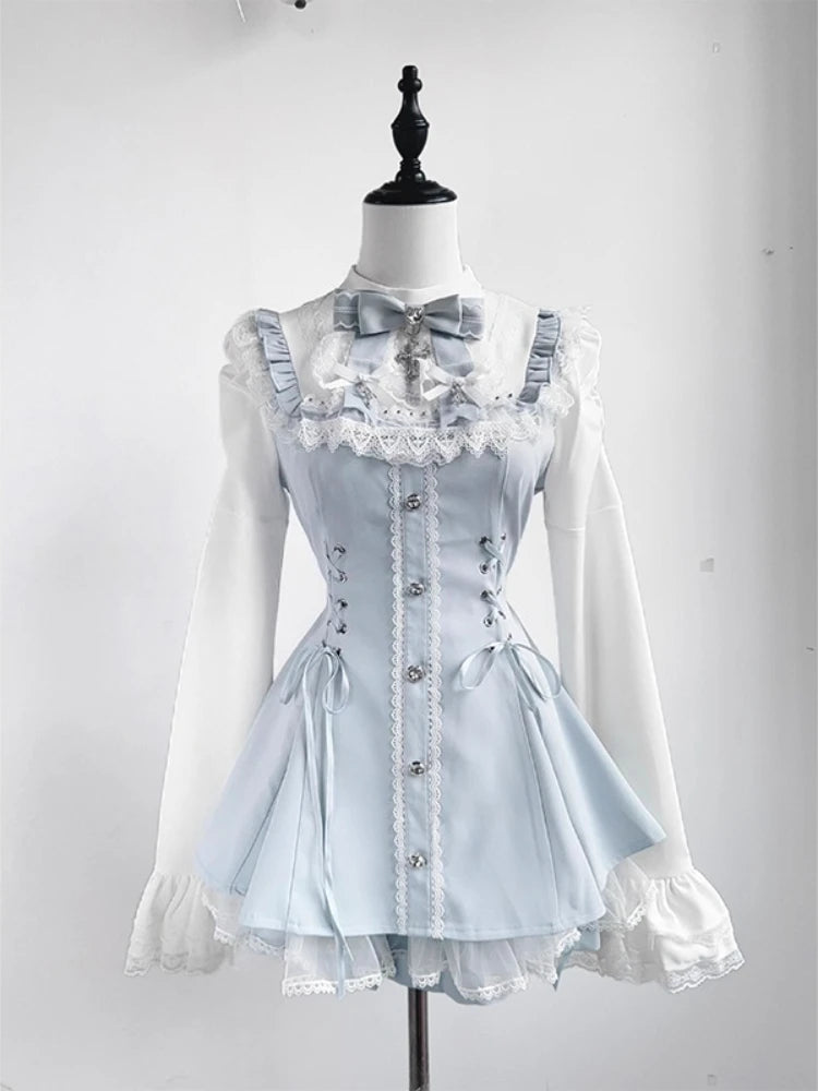 Japanese Style Lolita Sweet Dress Set 2025 New Vintage Plaid Cute Bow Short Sleeved Tops Jk Casual Y2k Shorts Girls Kawaii Set