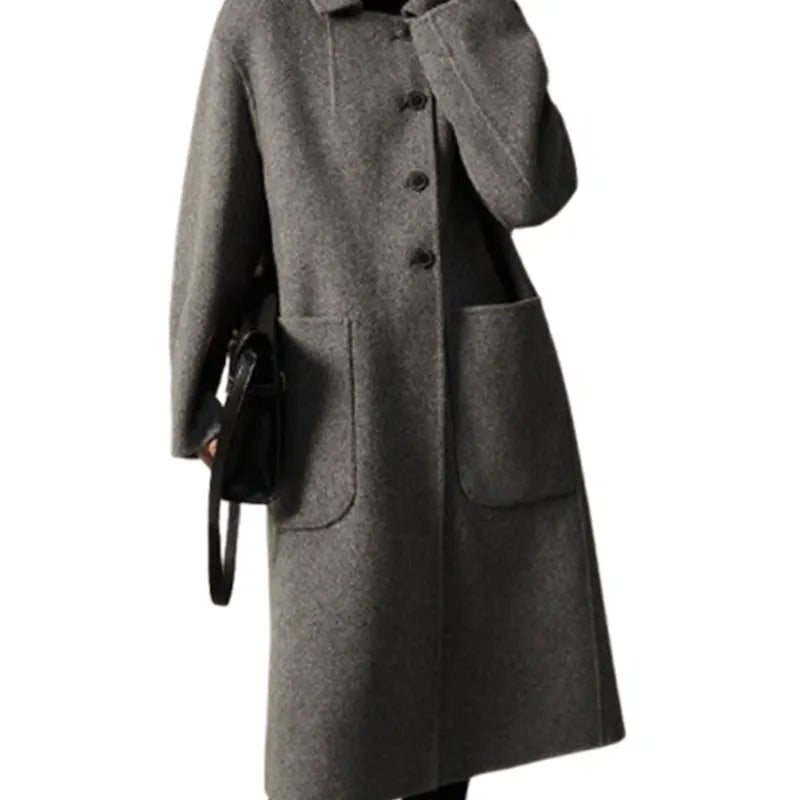 Solid Button Pockets POLO Collar Long Sleeve Outerwear Elegant Fashion Harajuku Female Clothes Loose Casual All Match Overcoat