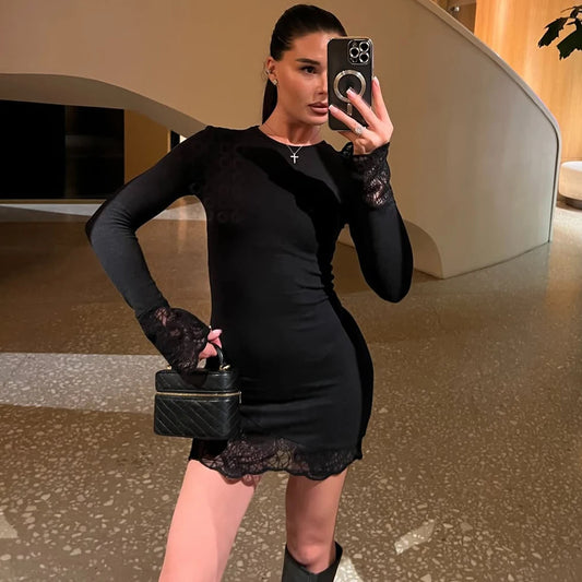 Ticketsx Sexy Lace Patchwork Dresses Fashion New Solid See Through Hollow Out Slim Women's Vestidos Elegant Party Clubwear Dress