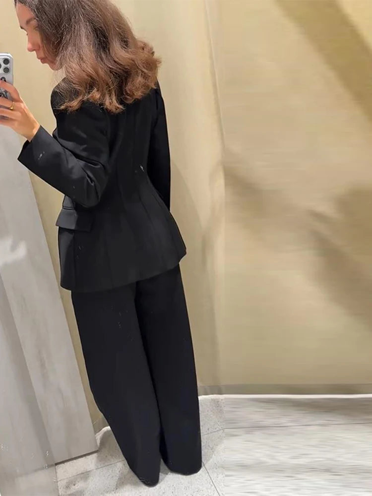 Classic Suit Jacket Long Pant Set Women Vintage Waist-cinching Jackets Straight Pants Sets Female Autumn Chic Street Outfits