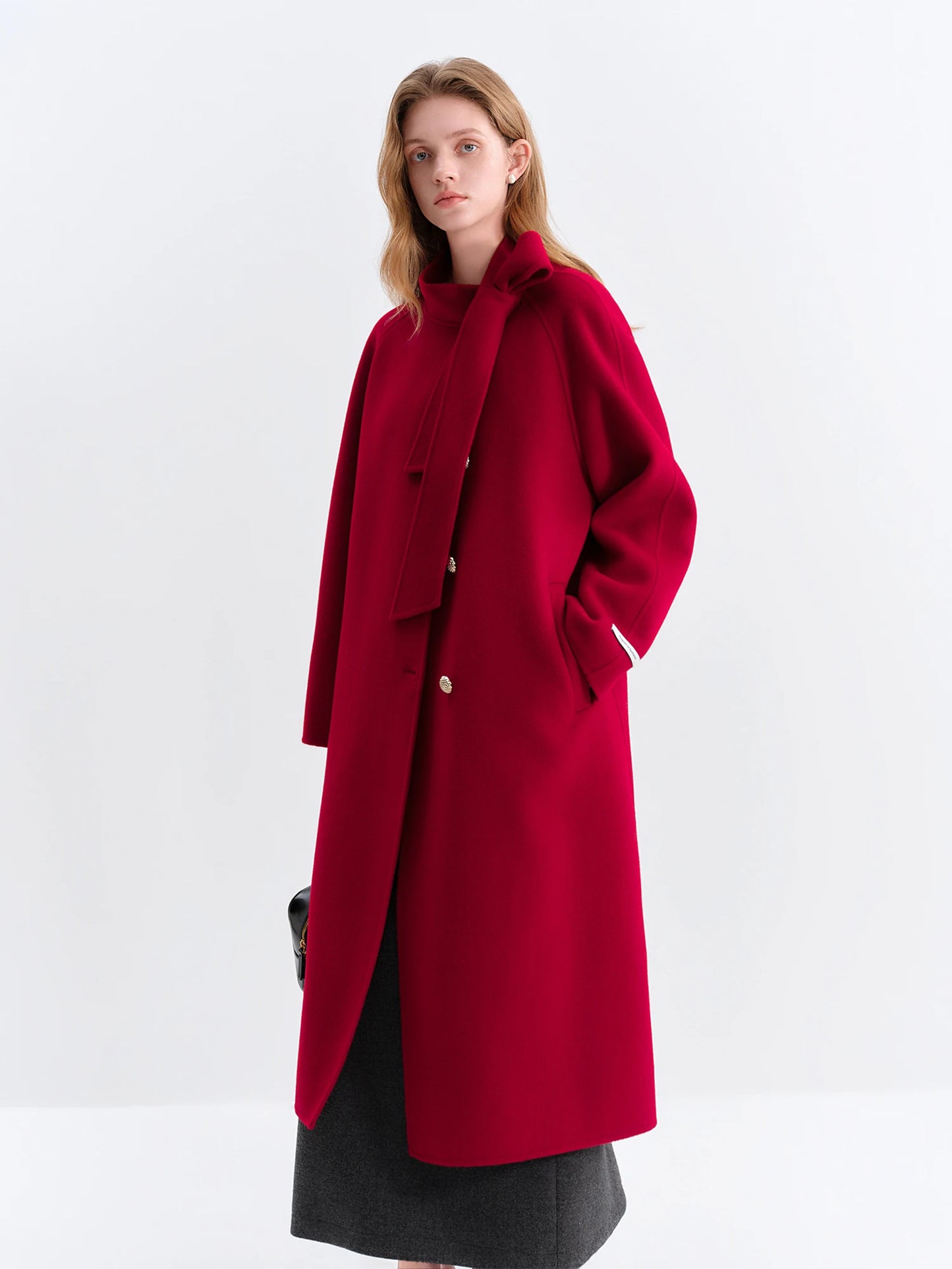 FSLE Winter 2025 Women Stand Collar Tie Detail Double Faced Wool Blend Coat - Long Length Elegant Outerwear for Casual Winter