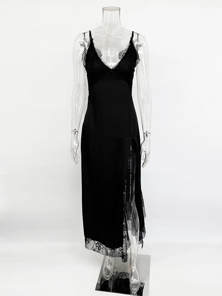 Lace Splice Slit Dress For Women Sleeveless Maxi Spaghetti Strap Sexy Dresses Satin Vacation Party Bodyocn Dress Vestidos