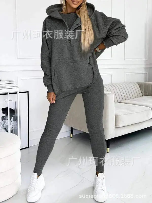 2024 Amazon Cross-border Women's Sporty Hooded Sweatshirt Thickened Screw Threads Slimming Smooths Silhouette Vest Pants Set
