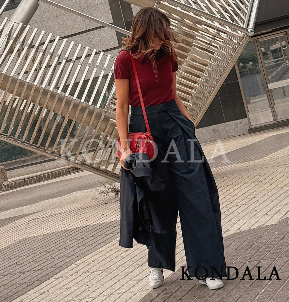 KONDALA Commute High Street Wide-Leg Pants Women's Elegant Vertical Pleated Trousers 2025 Spring Fall Fashion Office Lady Pants