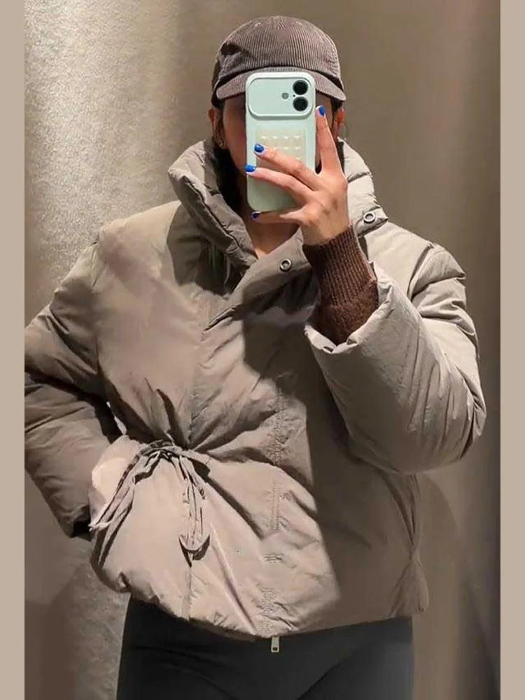 Buttoned Tie-Waist Stand Collar Puffer Jacket Solid  Long Sleeve 2025 Winter Cozy Warm Women Outerwear Chic Casual Lady Coat