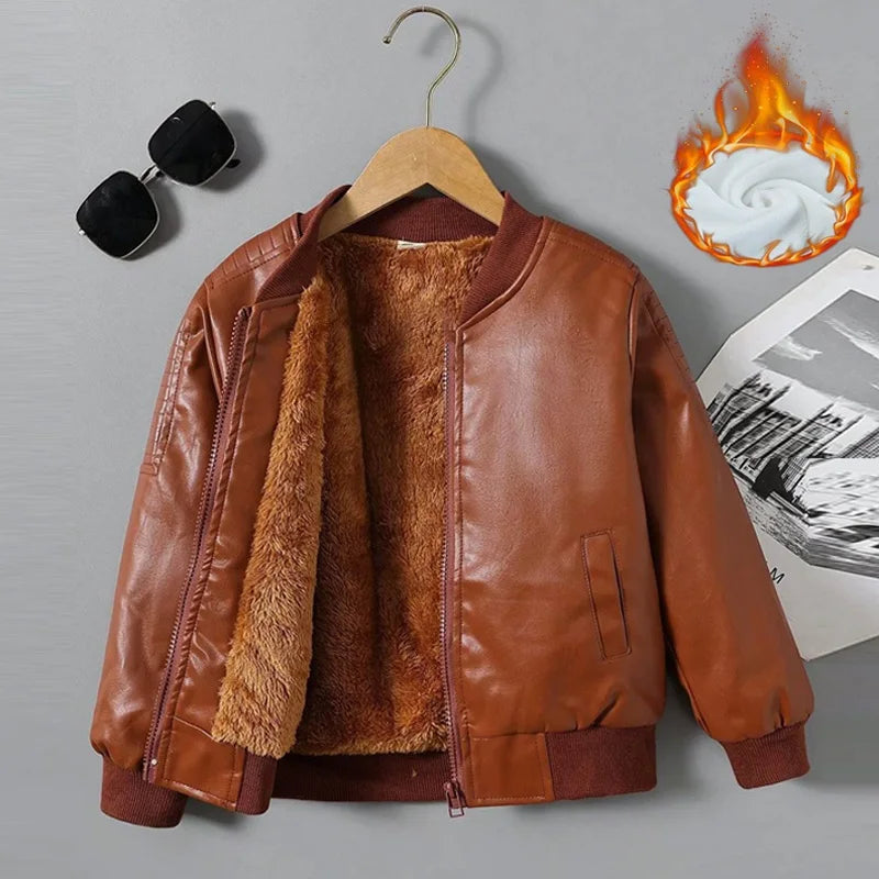 Boys Plus Velvet Thick Leather Jackets Kids Girls Autumn Winter Coat Fashion Clothing Children's Warm PU Leather Outerwear 2-14Y
