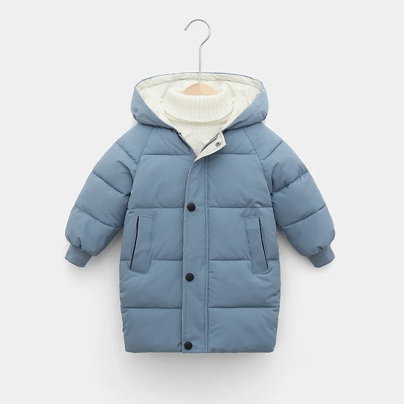 2 3 4 5 6 8 10 Years Girls Jacket Winter Long Style Solid Color Thick Keep Warm Hooded Outerwear For Boys Down Cotton Snowsuit