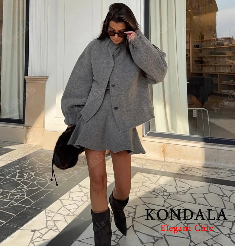 KONDALA Ladies Fall Knitted Skirt Set Pleated O-Neck Buttons Jacket, Mini Skirt 2025 Autumn Fashion Elegant Female Skirt Suit