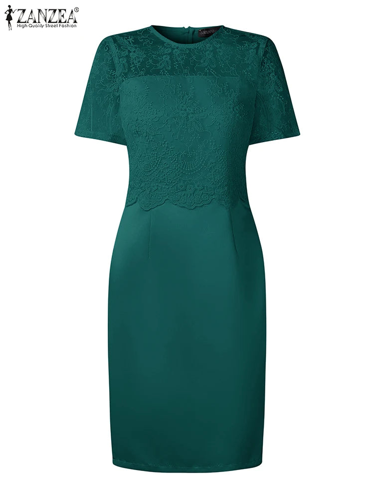 2025 ZANZEA Summer Lace Patchwork Dresses Elegant Stylish Party Dress Women Short Sleeve Slim Fit Sundress Solid Satin Midi Robe