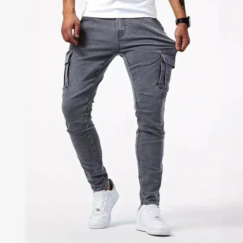 Men Casual Pencil Jeans Male Elastic Multi Pocket Small Slim High Street Denim Pants Wash Solid Color Mid Waist Cargo Jeans 2026