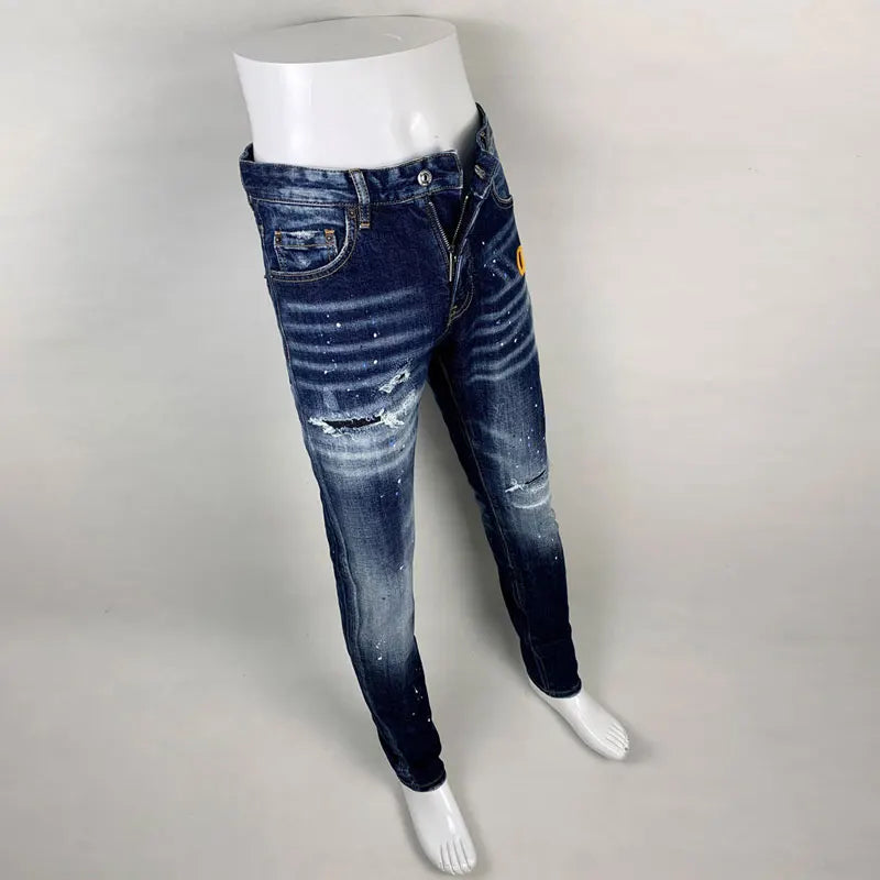 Street Fashion Men Jeans High Quality Retro Blue Elastic Slim Fit Ripped Jeans Men Embroidery Designer Denim Brand Pants Hombre